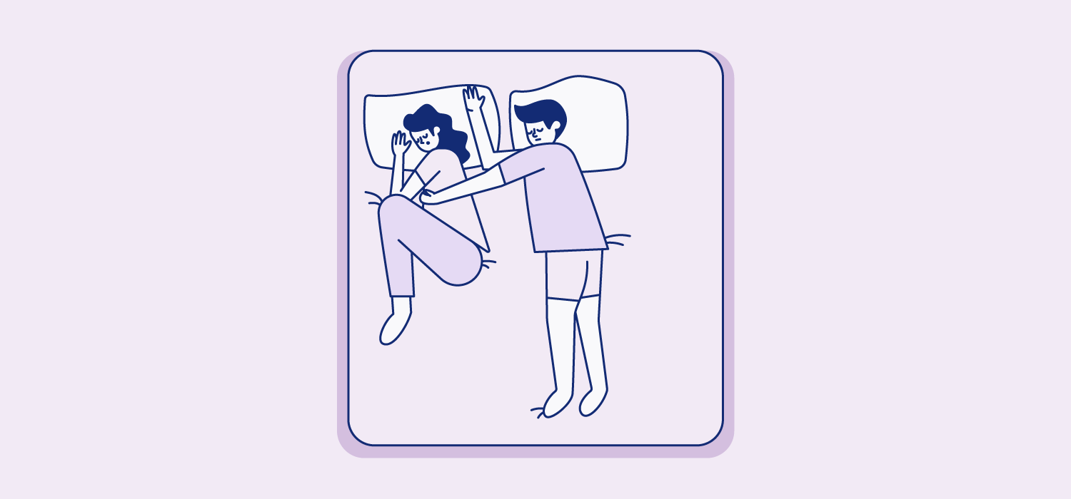 A woman sleeps curled up on her side while a man has only his arm touching her torso. Illustration.
