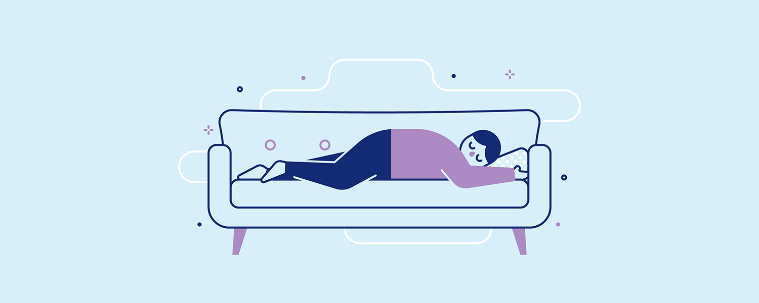 A person naps on their right side on a couch. Illustration.