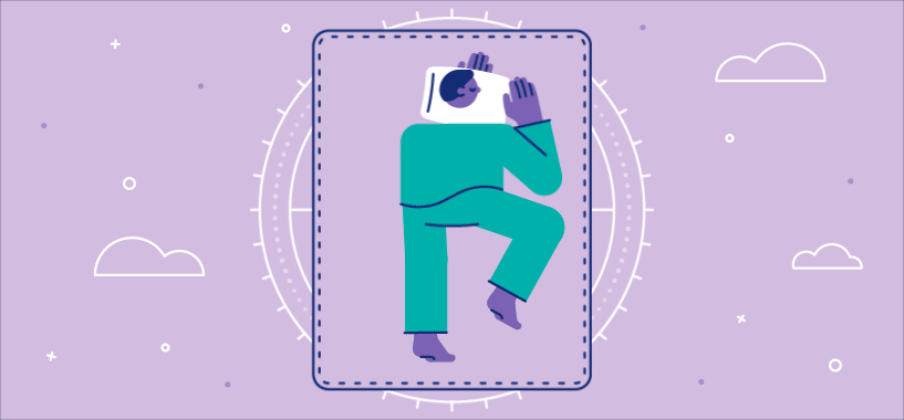 A person sleeps with arms around their pillow with one leg curled and one leg straight. Illustration.
