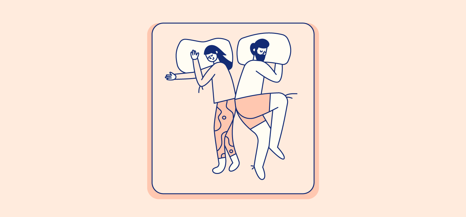 A couple sleeps facing opposite directions with their spines touching. Illustration.