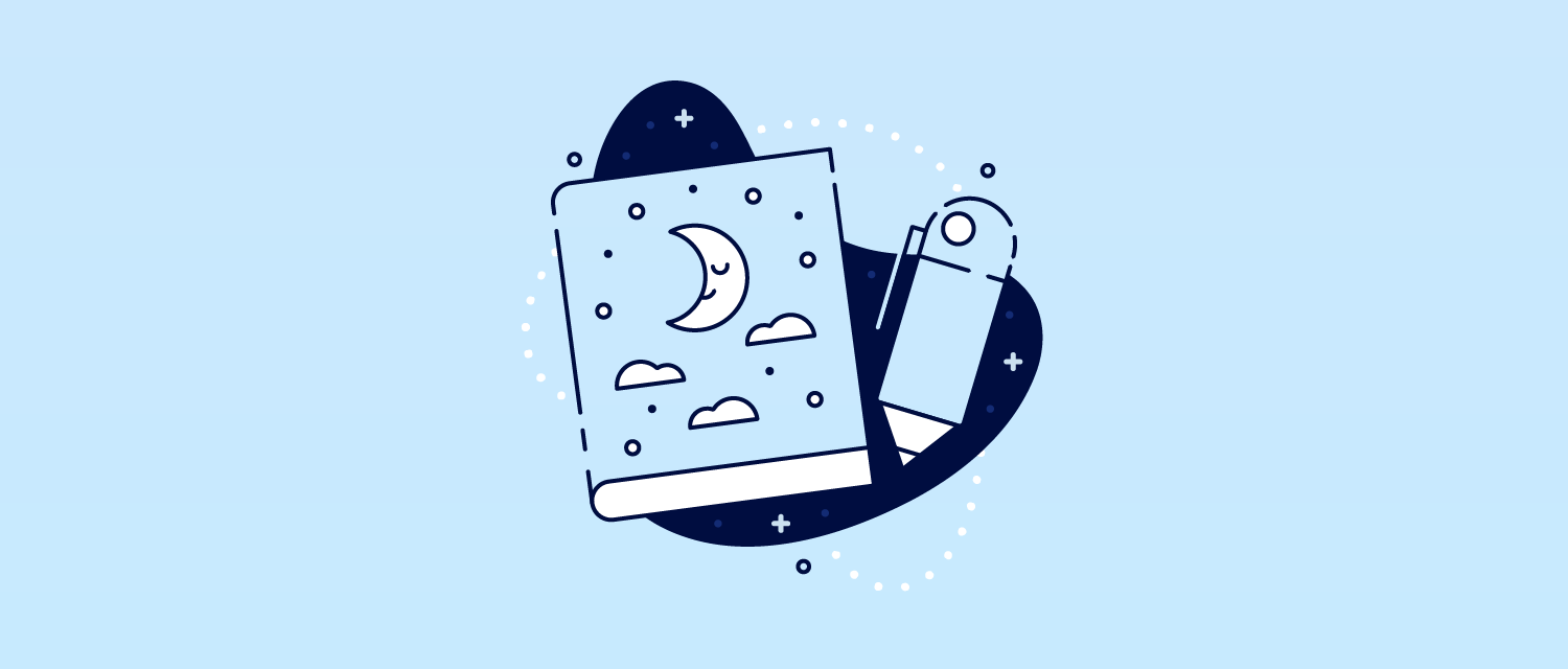 Illustration of a notebook and pen with drawings fo the moon and starts on them.