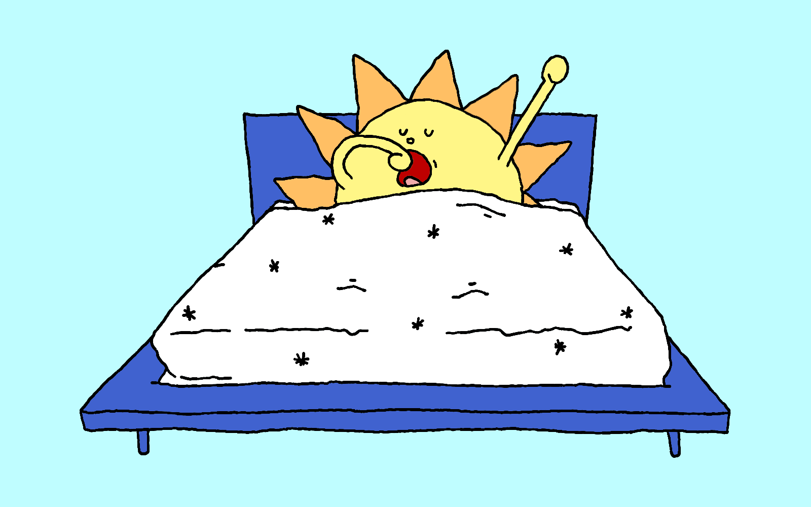 A sun stretches and yawns in bed. Illustration