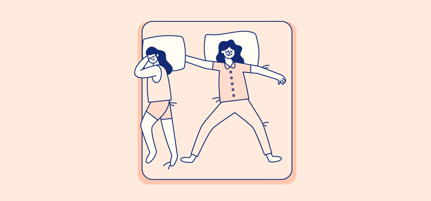 One partner stretched across the majority of the bed, while the other partner sleeps in a very small section of the bed. Illustration.