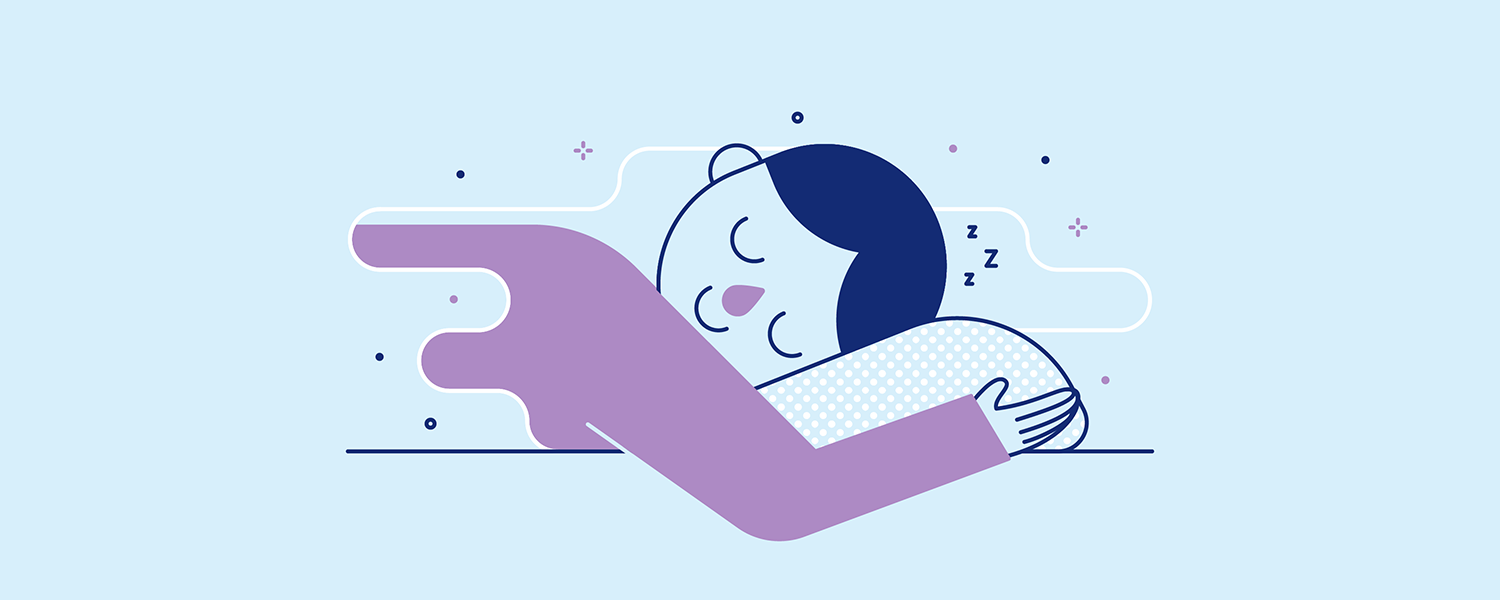 A person sleeps happily on their side with their hands tucked under a pillow. Illustration.