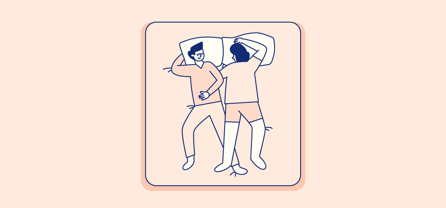 A couple sleeps with one of the partner's legs crossed on top of the other partner's leg. Illustration.