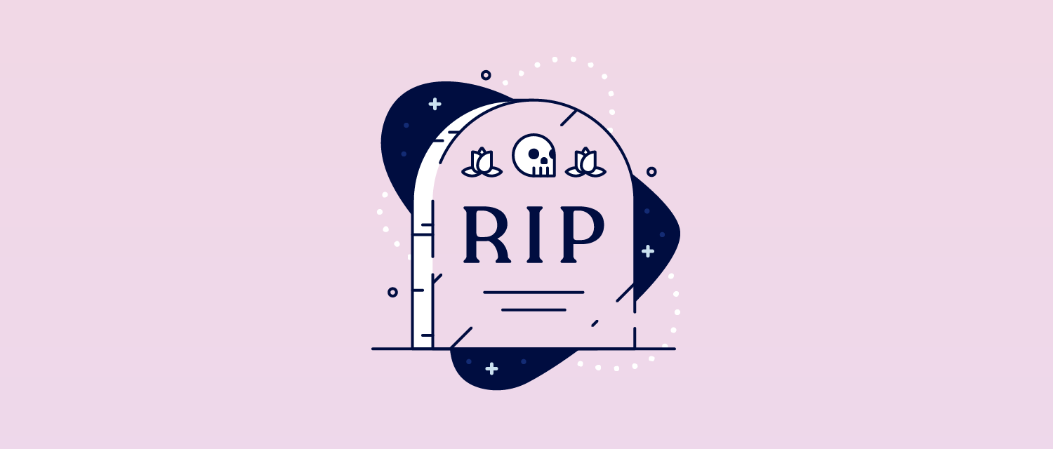 ilustrace náhrobku, který čte"RIP"."RIP".