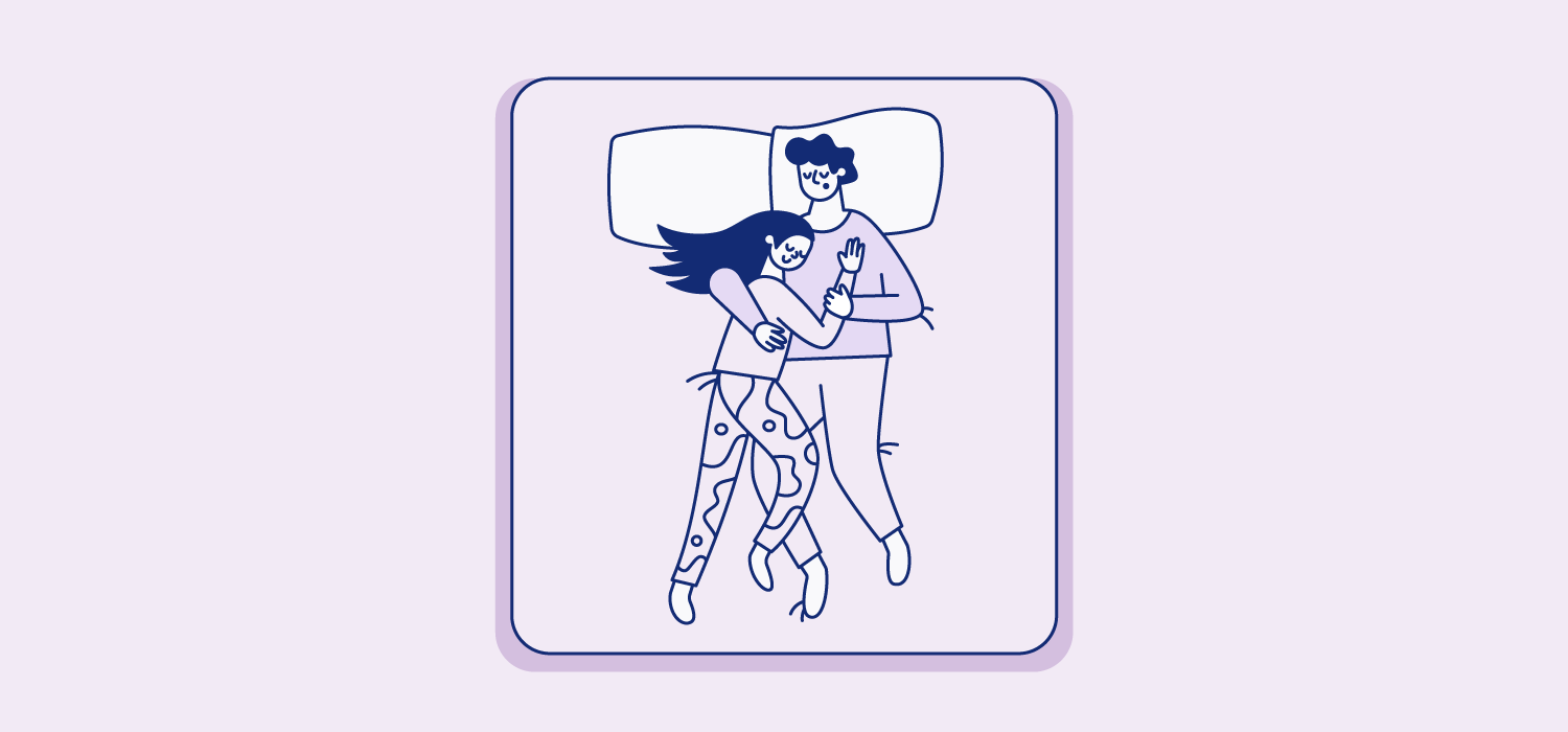 A woman sleeps with her torso resting on her partner's torso. The partner wraps her arms around her. Illustration.