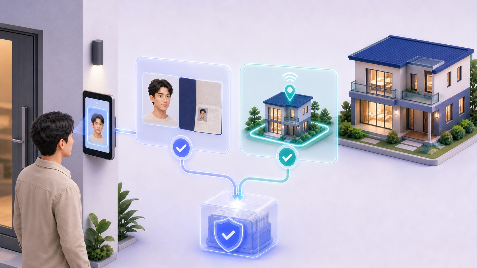Remote identity verification confirms both a clear face-and-passport image and the guest's location at or near the property