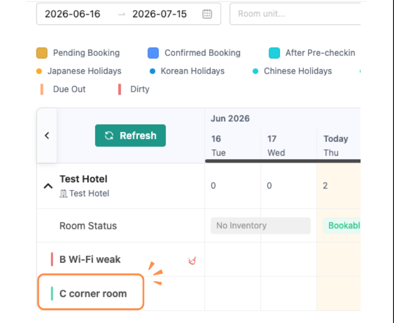 The configured internal room names will be displayed in the Booking Calendar 👌