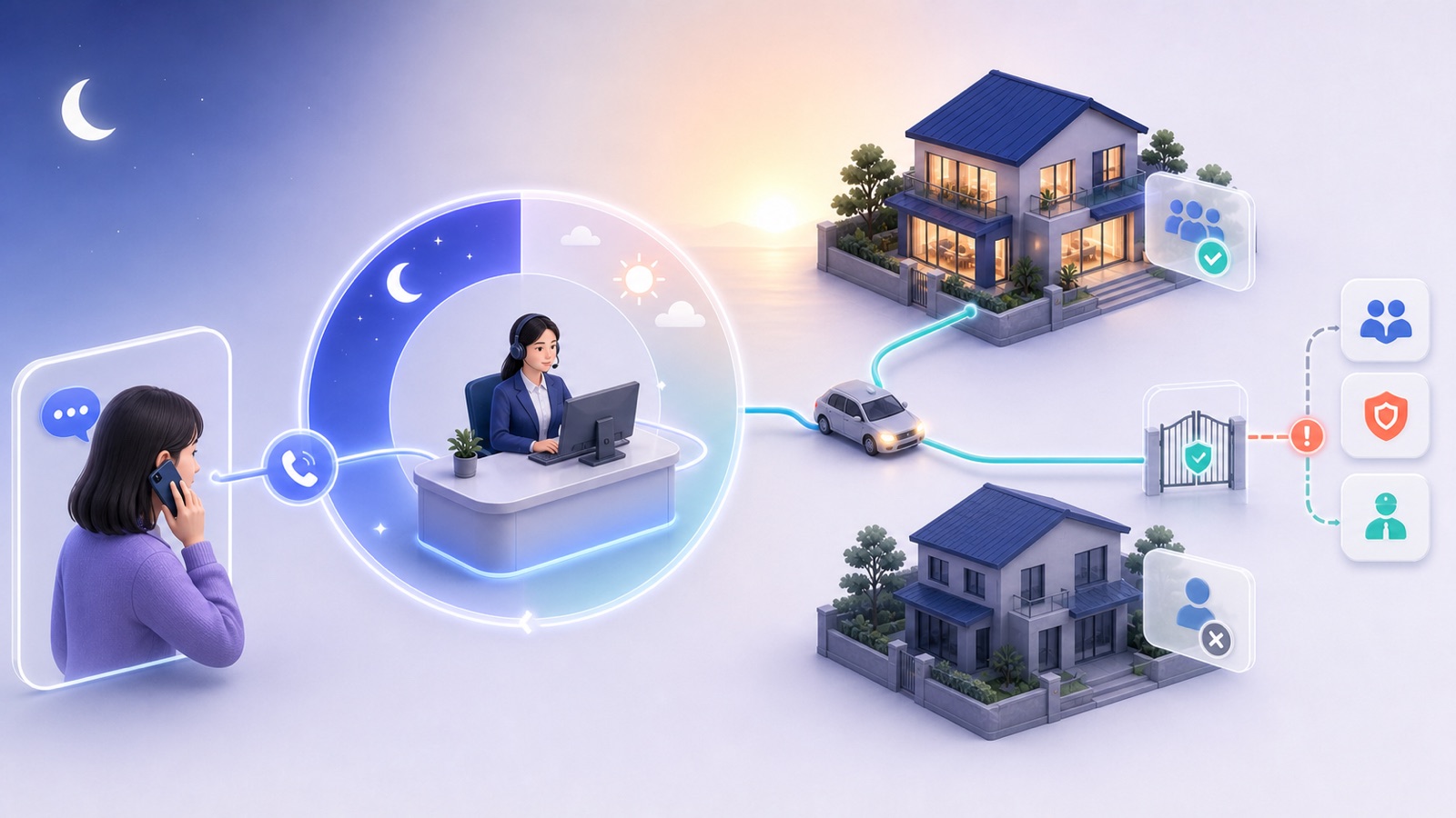 An always-on system receiving complaints day and night for occupied or vacant properties and dispatching on-site support when needed