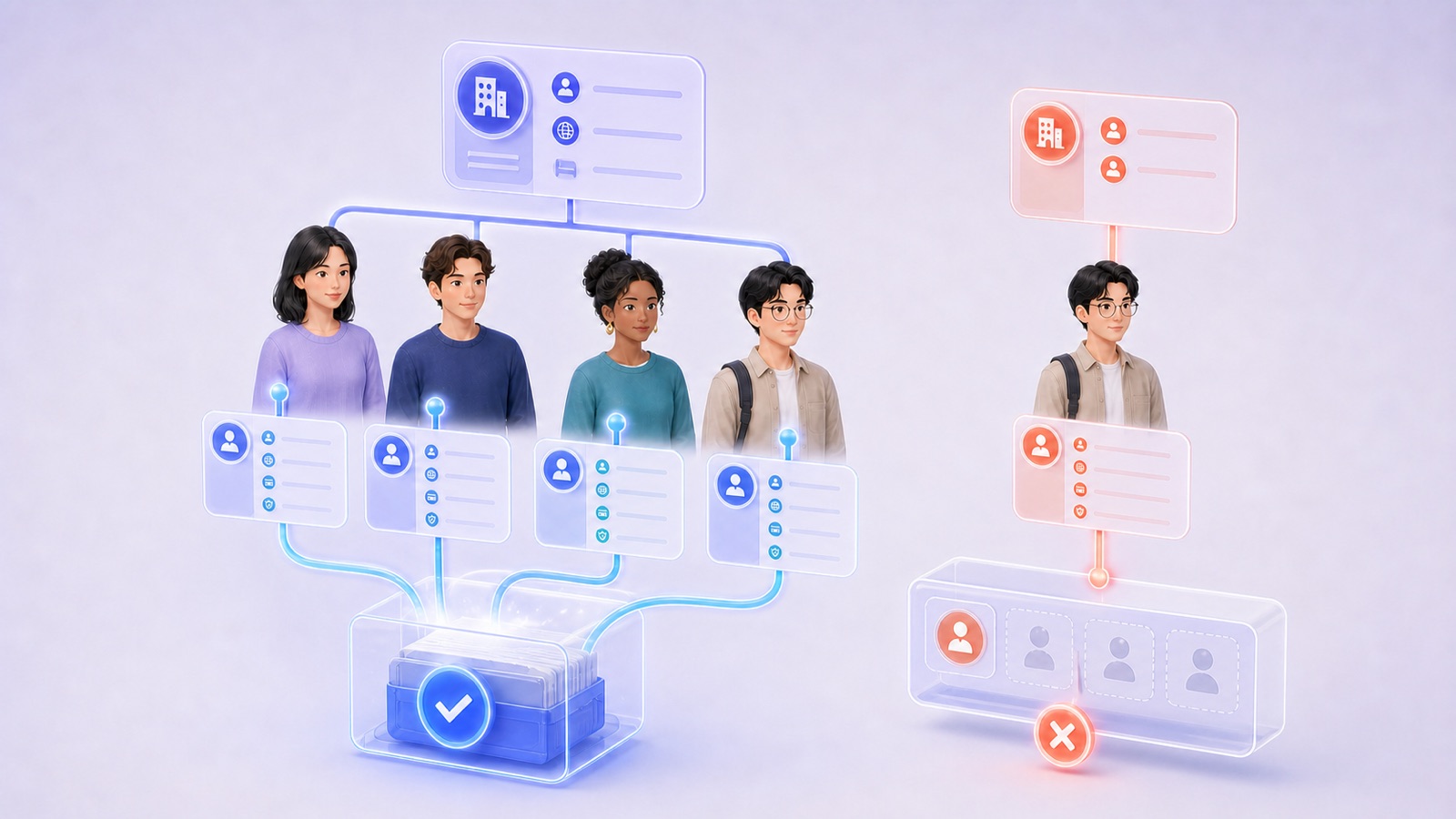 All four members of a group receive individual register entries, while a representative-only record remains incomplete