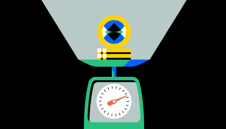 A scale weighing a stack of crypto coins