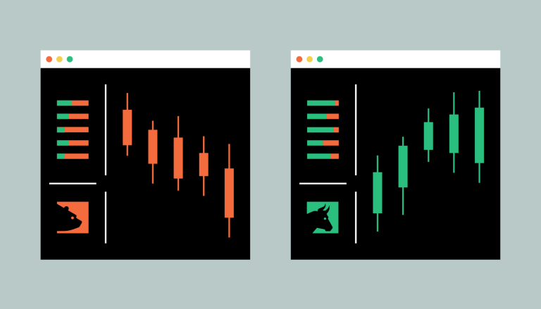 Graphs depicting bear market trending downwards and bull market trending upwards 