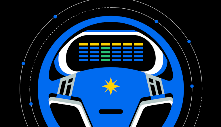 A steering wheel over a dashboard with an image of table containing filled and unfilled orders.