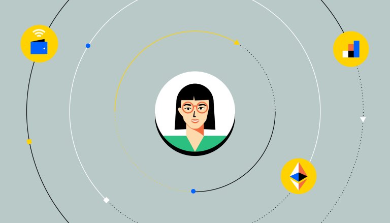 Das Gesicht einer Person, umgeben von Symbolen, die dezentrale Finanz-Apps darstellen