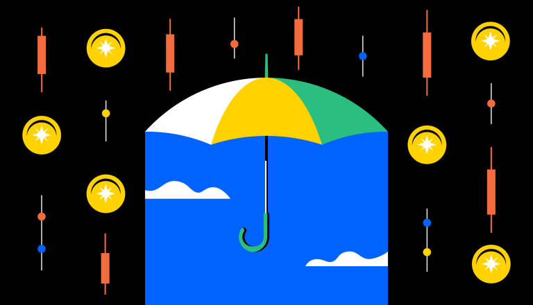 Umbrella shields from crypto coins and red candlesticks falling 