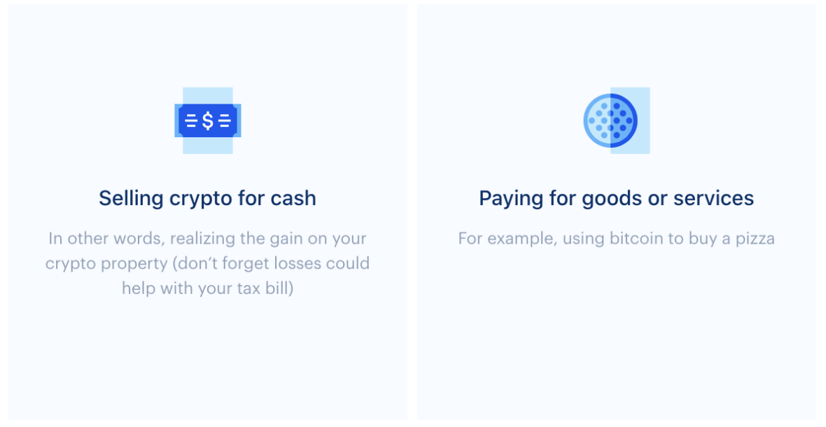 Selling crypto for cash: in other words, realizing the gain on your crypto property (don't forget lossed could help with your tax bill) and Paying for goods or services (for example using bitcoin to buy a pizza) 