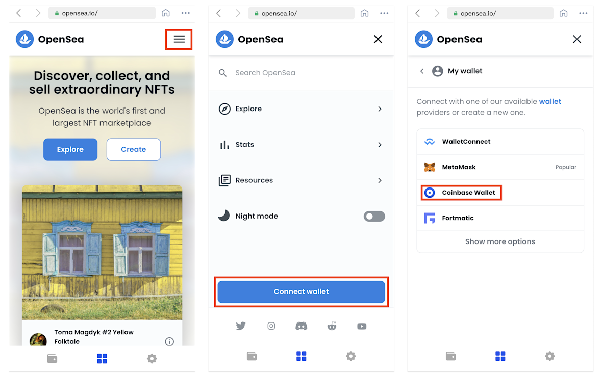 Button to connect your Coinbase Wallet for NFT purchase