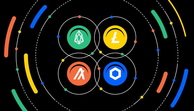 Icons of cryptocoins on black background