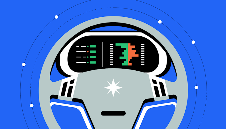 Image of a steering wheel in front of a dashboard displaying an order book.