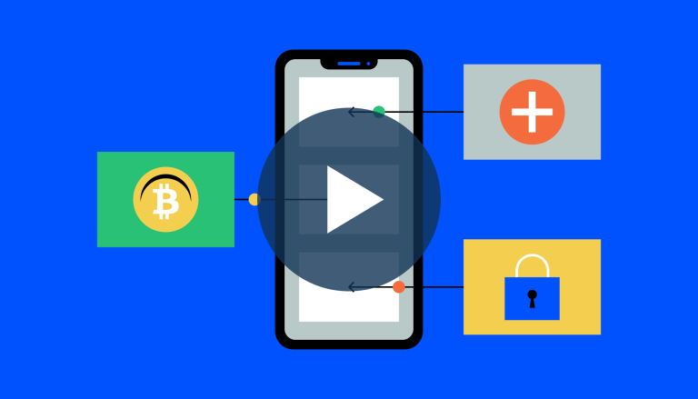 Telemóvel rodeado do logótipo Bitcoin e um cadeado, com um botão de reprodução sobreposto