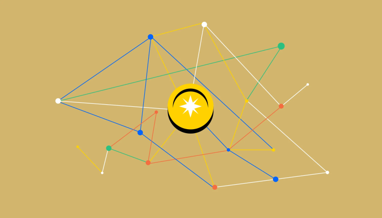 Uma rede de nós coloridos conectados a uma moeda