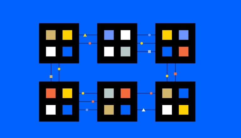 Six blocs d'une blockchain, la technologie utilisée par les cryptomonnaies.