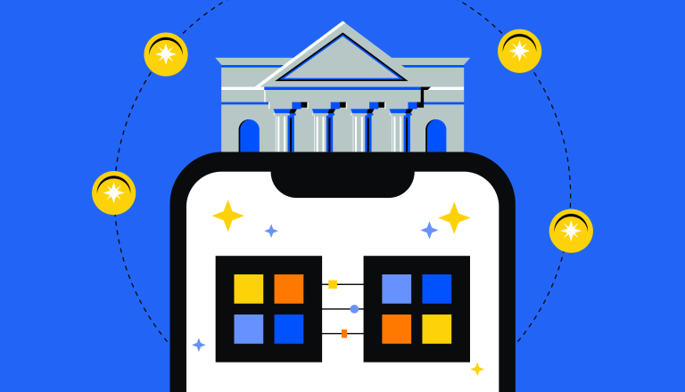 An illustrated federal building over a phone screen, circled by coins