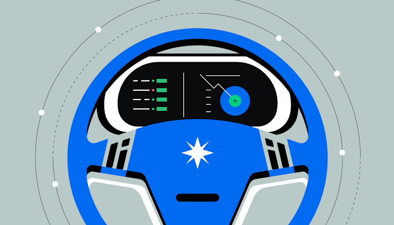 A steering wheel against a dashboard. Instead of a speedometer, a visualization of an arrow pointing downward, as well as other financial tables, is displayed.
