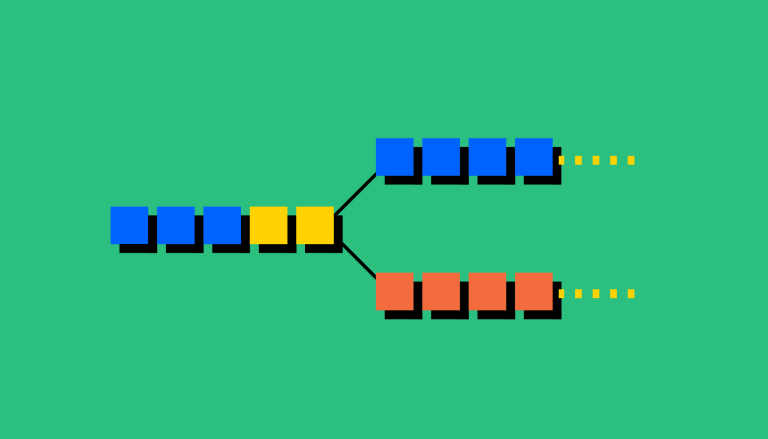 Łańcuch bloków kryptowaluty, rozwidlający się na dwie różne gałęzie