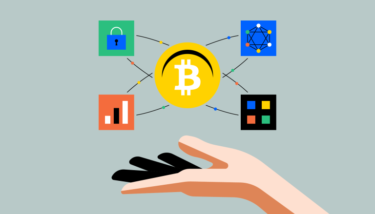 Uma mão a segurar no logótipo Bitcoin, para demonstrar as transações peer-to-peer seguras.
