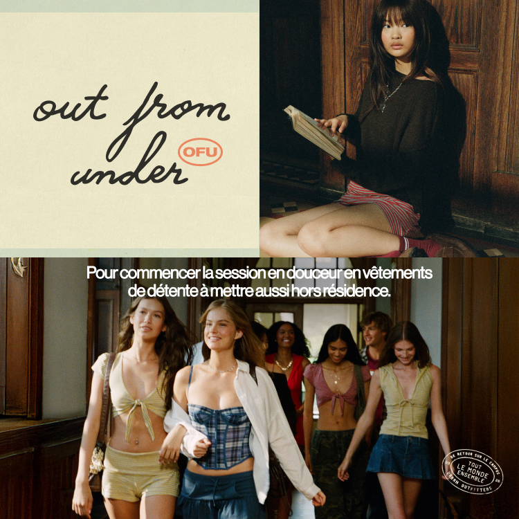 Split image: Woman in checkered outfit lying on grass with text "out from under"; group of young women walking together.