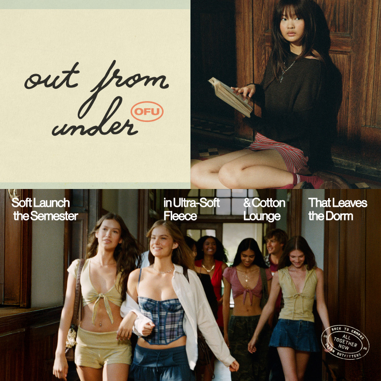 Split image: Woman in checkered outfit lying on grass with text "out from under"; group of young women walking together.