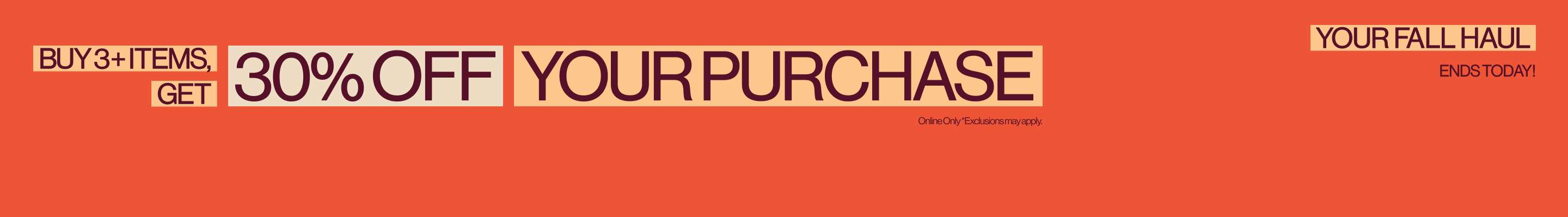 Buy 3+ items, get 30% off your purchase promotional banner on coral background with beige text boxes