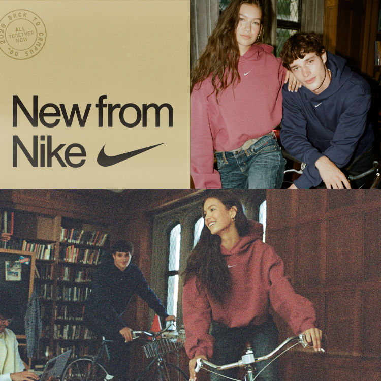 Two people wearing Nike hoodies in pink and navy pose together indoors, with a second image showing them riding bikes.