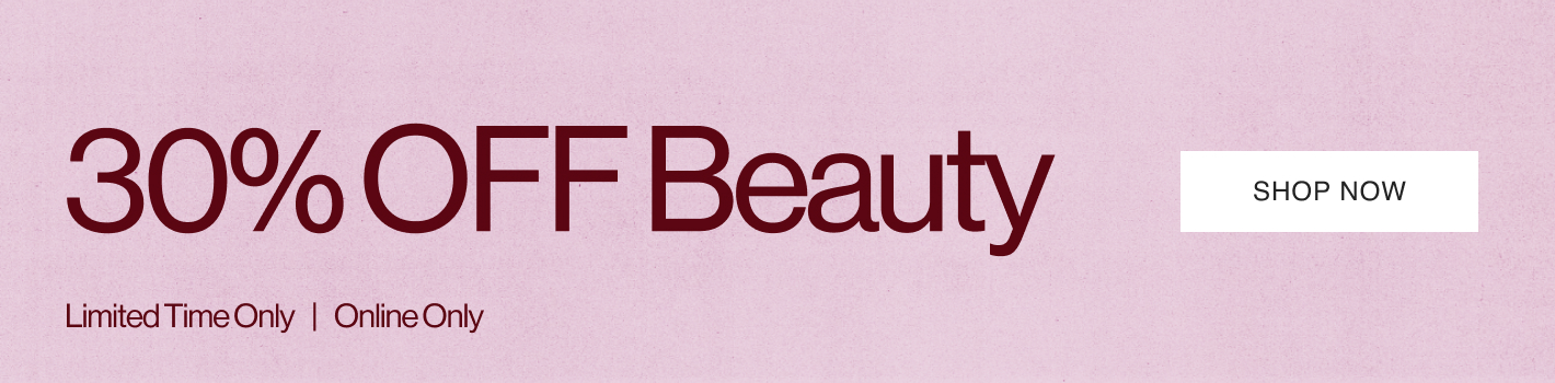 Limited time beauty sale banner showing 30% off with various cosmetic products including skincare jars, lipstick, perfume, and beauty tools on a gradient background.