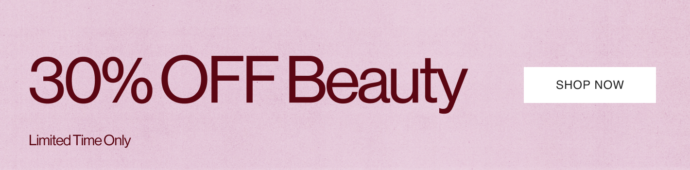 Limited time beauty sale banner showing 30% off with various cosmetic products including skincare jars, lipstick, perfume, and beauty tools on a gradient background.