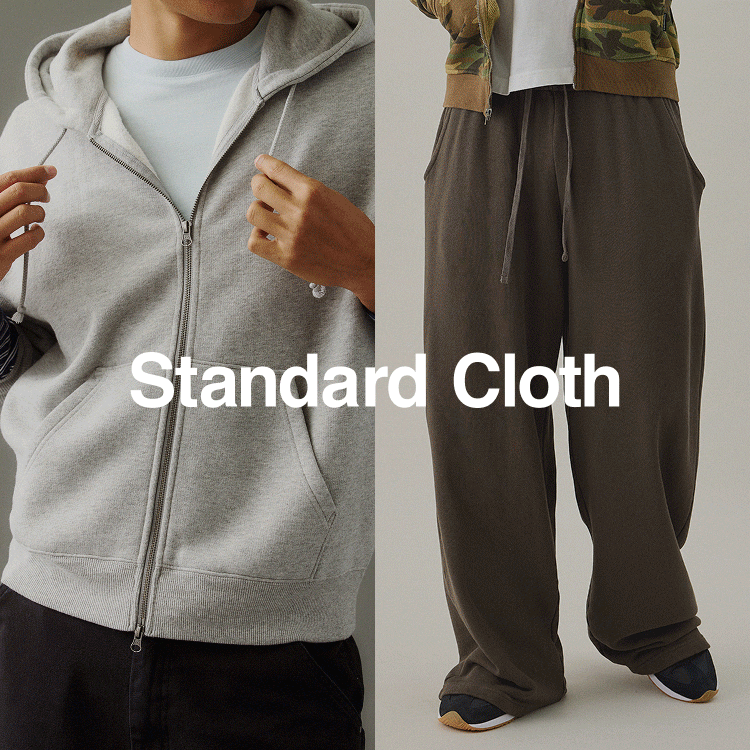 Four-panel image showing men's casual wear: gray zip hoodie, beige classic tee, olive sweatpants, and red hoodie sweatshirt.