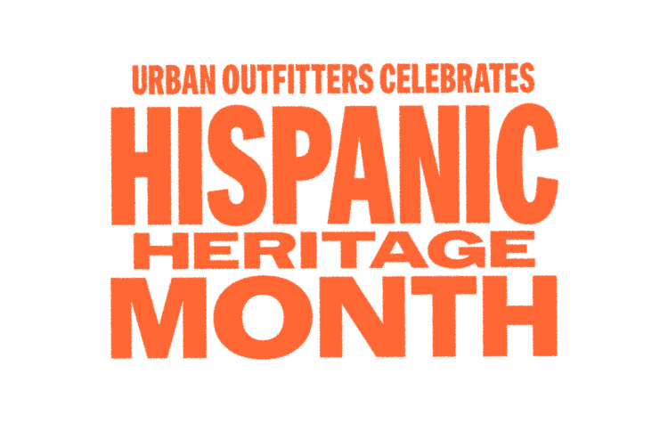 Orange text on white background reading "Urban Outfitters Celebrates Hispanic Heritage Month" in bold typography.