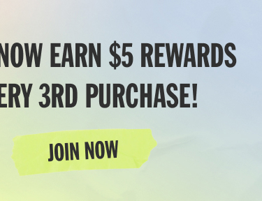 Promotional banner with text "EARN REWARDS EVEN FASTER ON EVERY 3RD PURCHASE!" and yellow "JOIN NOW" button on gradient background.