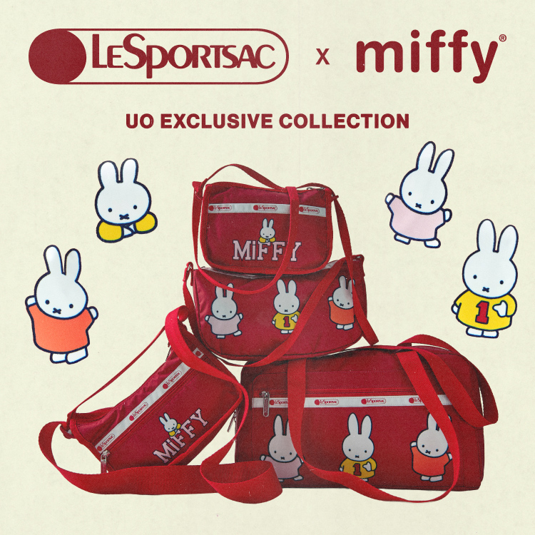 LeSportsac x Miffy exclusive collection featuring red bags with Miffy bunny character illustrations on beige background.