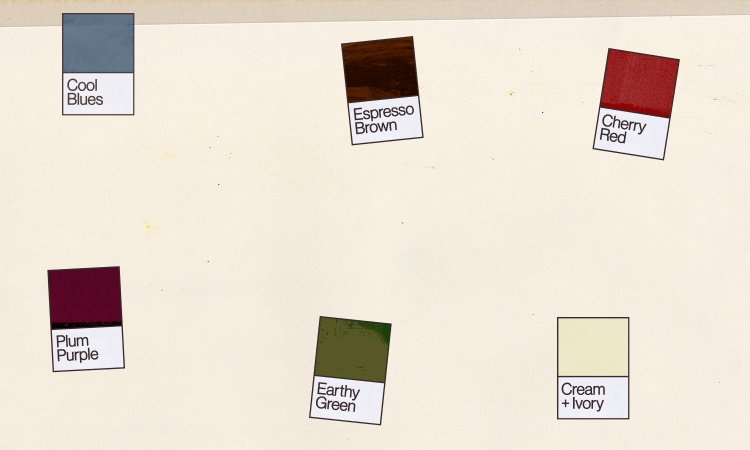 Color swatches labeled Earthy Green, Cool Blues, Espresso Brown, Cherry Red, Plum Purple, and Cream + Ivory on beige background.