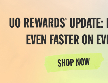 UO Rewards update banner with bold black text on peach and yellow gradient background, featuring green Shop Now button