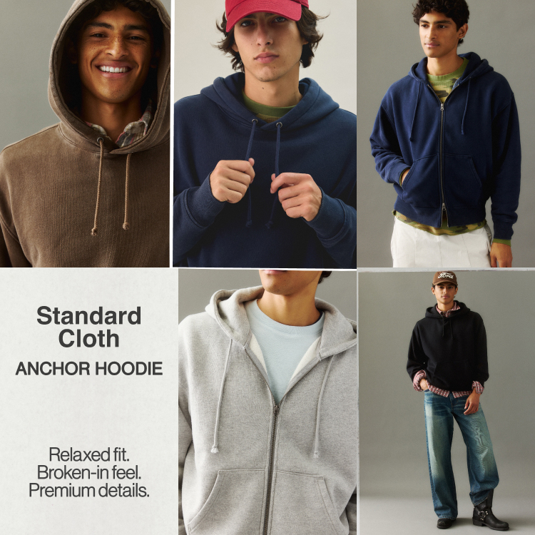 Grid of six images showing models wearing hoodies in various colors including tan, navy, and gray, with text describing Standard Cloth Anchor Hoodie features.