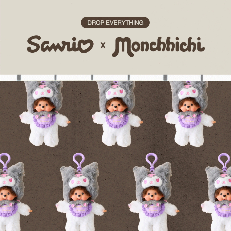 Sanrio x Monchhichi collaboration plush keychains in white outfits with gray hoods and purple accents on brown background.