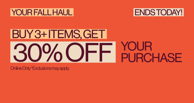 Buy 3+ items, get 30% off your purchase promotional banner on coral background with beige text boxes