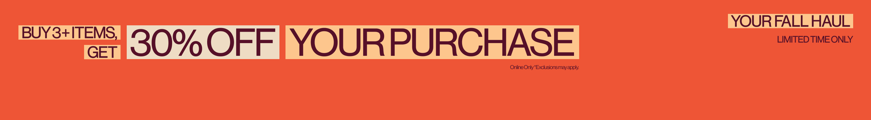 Buy 3+ items, get 30% off your purchase promotional banner on coral background with beige text boxes
