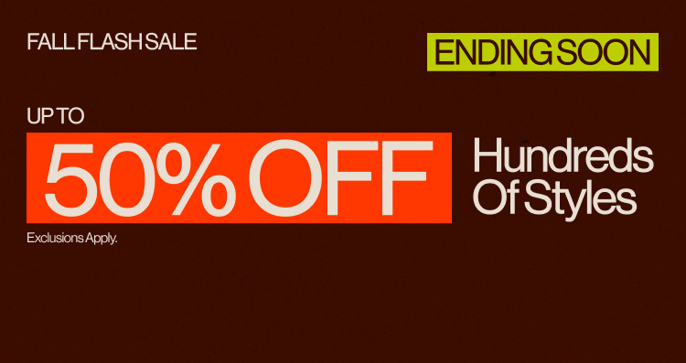 Fall Flash Sale banner advertising up to 50% off hundreds of styles on beige background with brown and orange text.