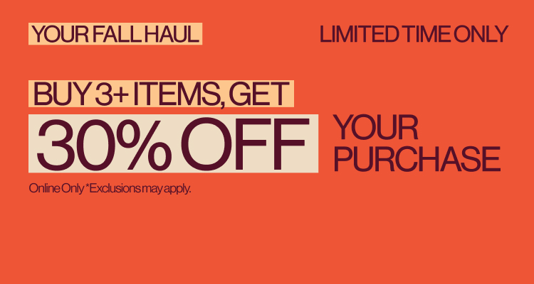 Buy 3+ items, get 30% off your purchase promotional banner on coral background with beige text boxes