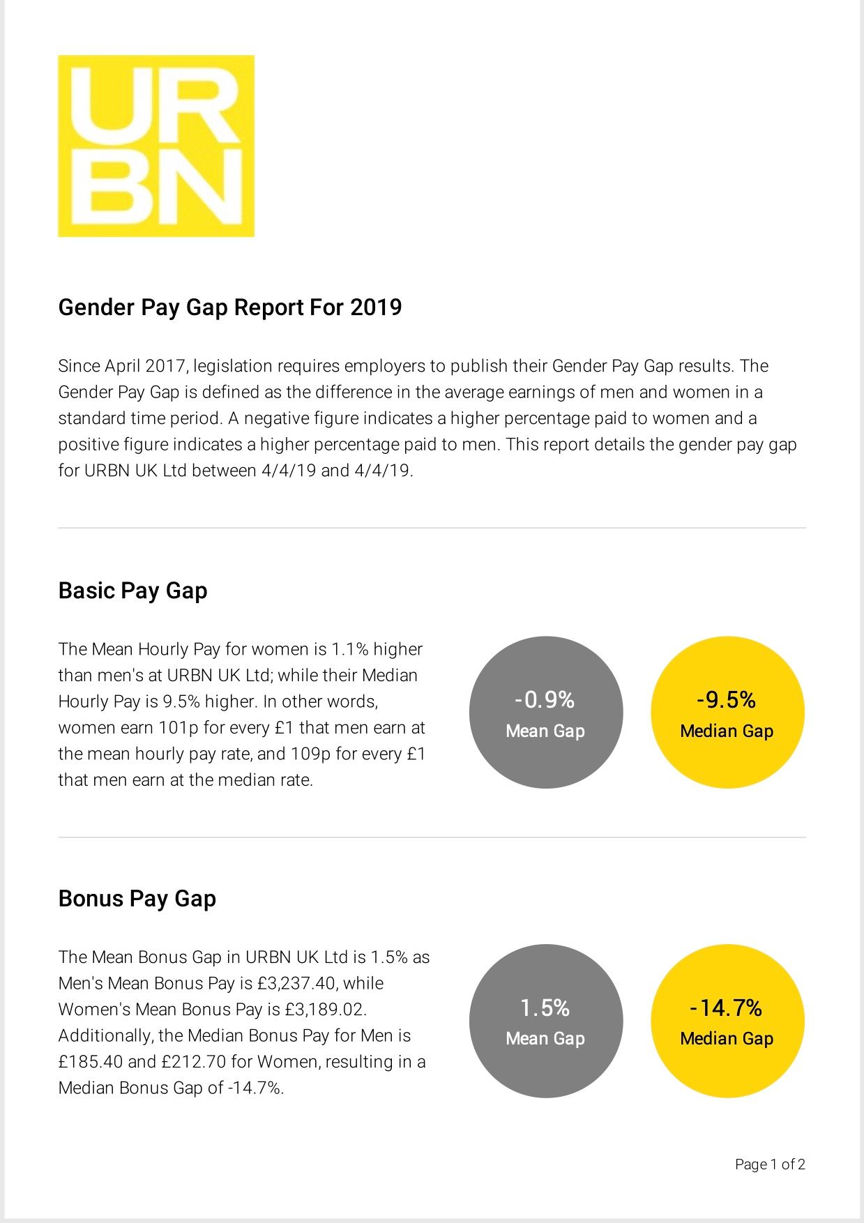 Gender Pay Reporting Statement - Year 2 - Page 1